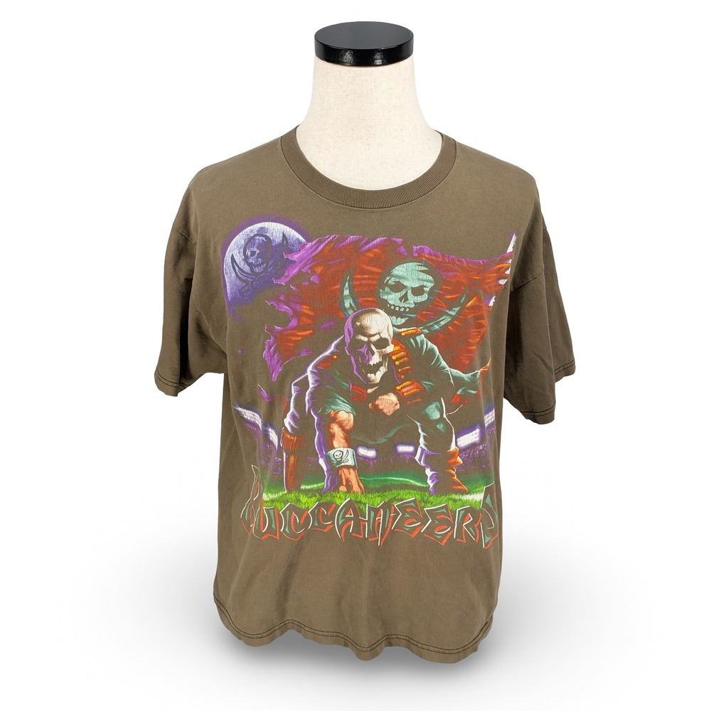 Vintage Tampa Bay Buccaneers Pirate Skull Graphic T-Shirt Mens Large 90s Brown